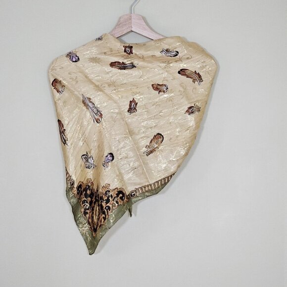 Unbranded Silk Scarf Womens 31 x 32 Inches Multicolor Gold Floral Feathers Print - Picture 15 of 15